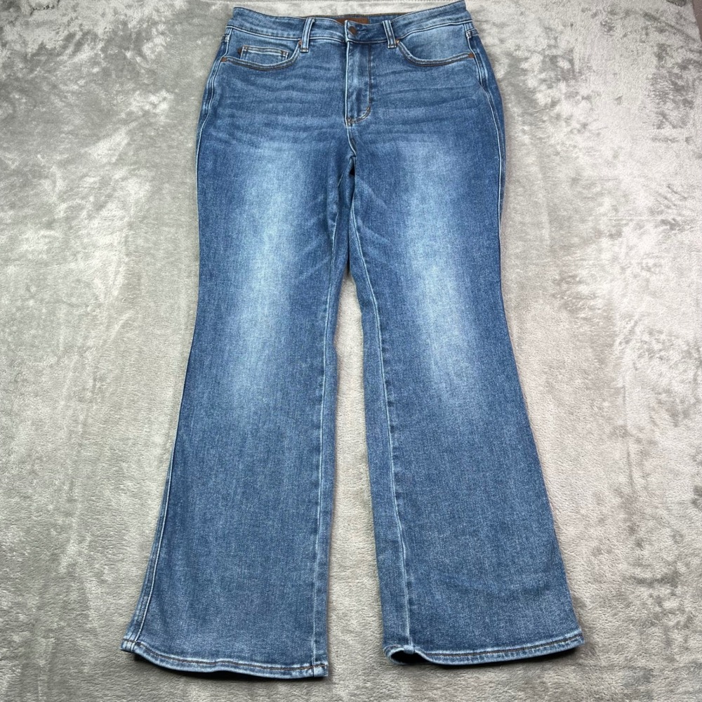 Judy Blue Flare Jeans Womens 14W Medium Wash Blue Stretch Embroidered Pockets - Picture 1 of 13